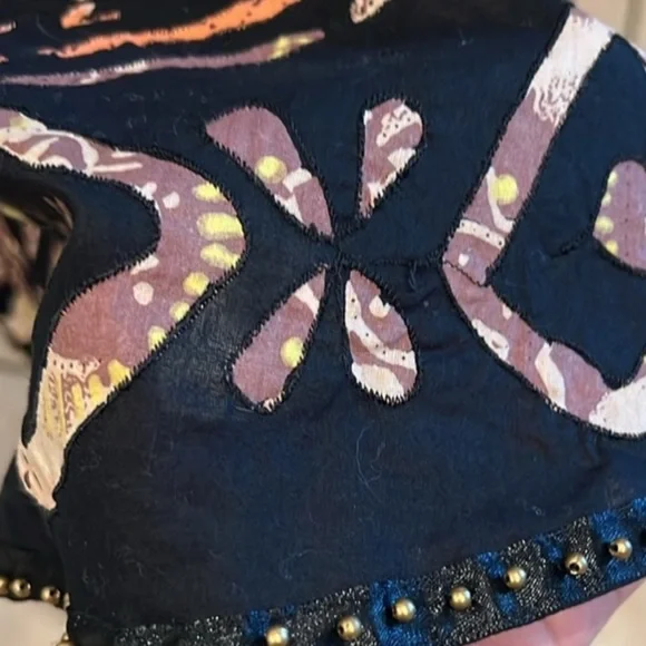 Women Vtg West End A line Cotton Southwestern Black Batik Beaded Hem Midi Skirt - Picture 4 of 11